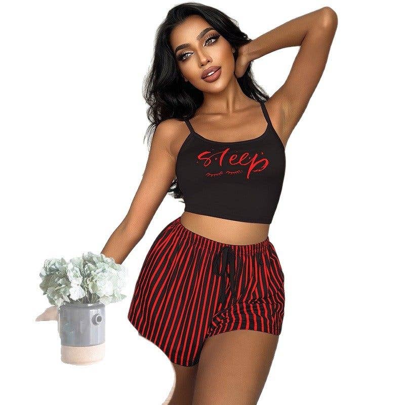 Women's Sleeveless Pajama Set With Drawstring Shorts And Letter Stripe Print