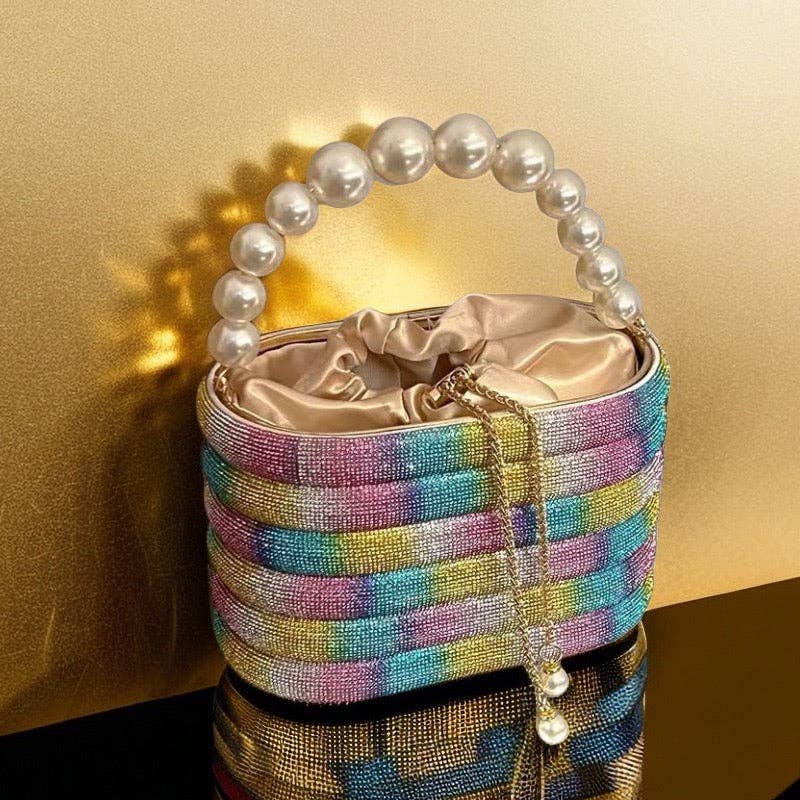 EVERY FASHION Striped Evening Bucket Bag with Pearl Handle and Drawstring Closure