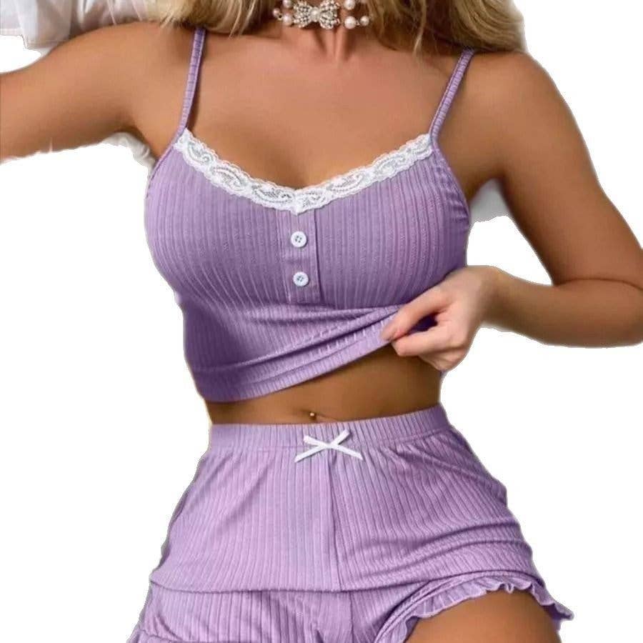 Sexy Lace Trim Camisole Pajama Set Shorts Women's Homewear