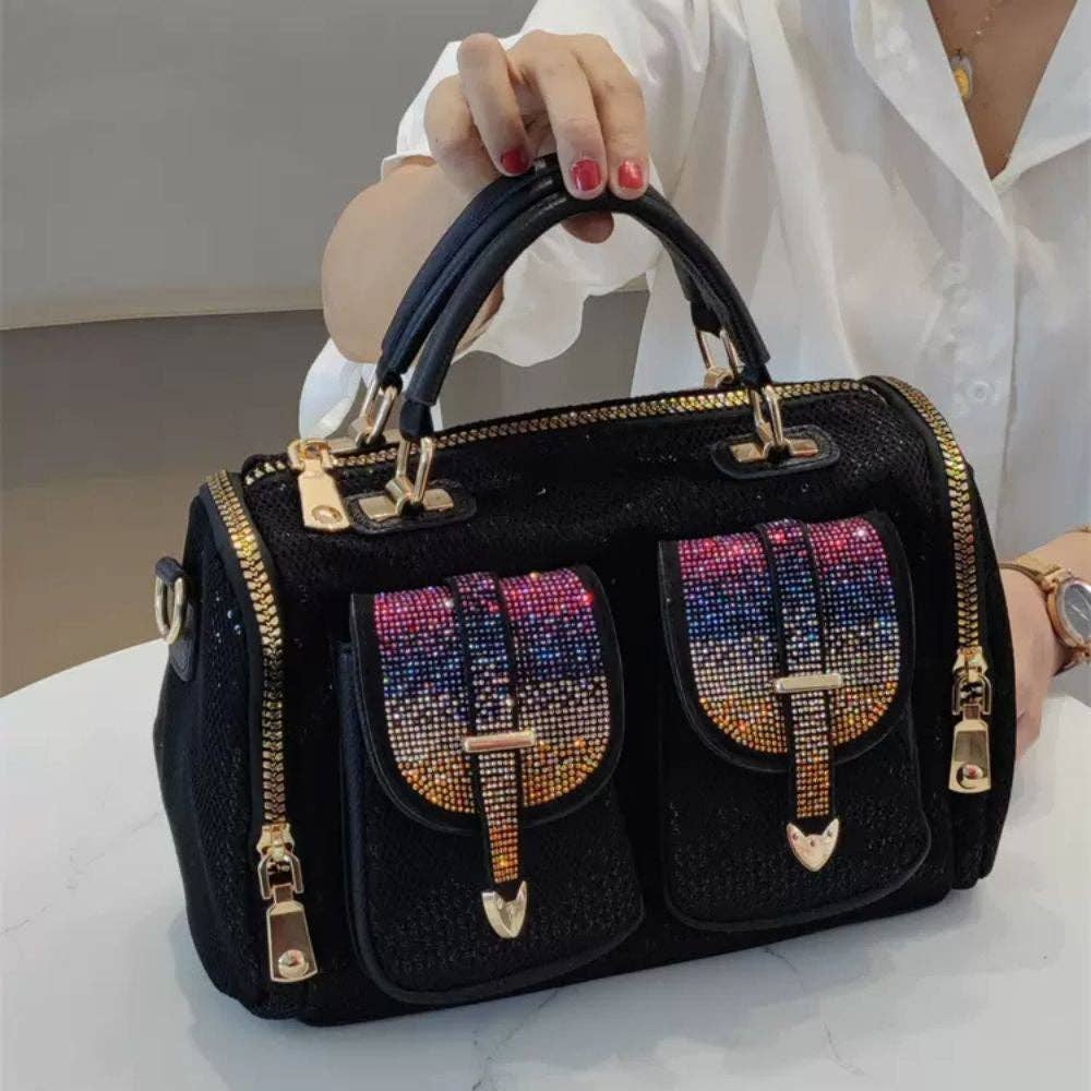 EVERY FASHION Mini Barrel Handbag with Rhinestone Buckle Pockets and Dual Top Handles