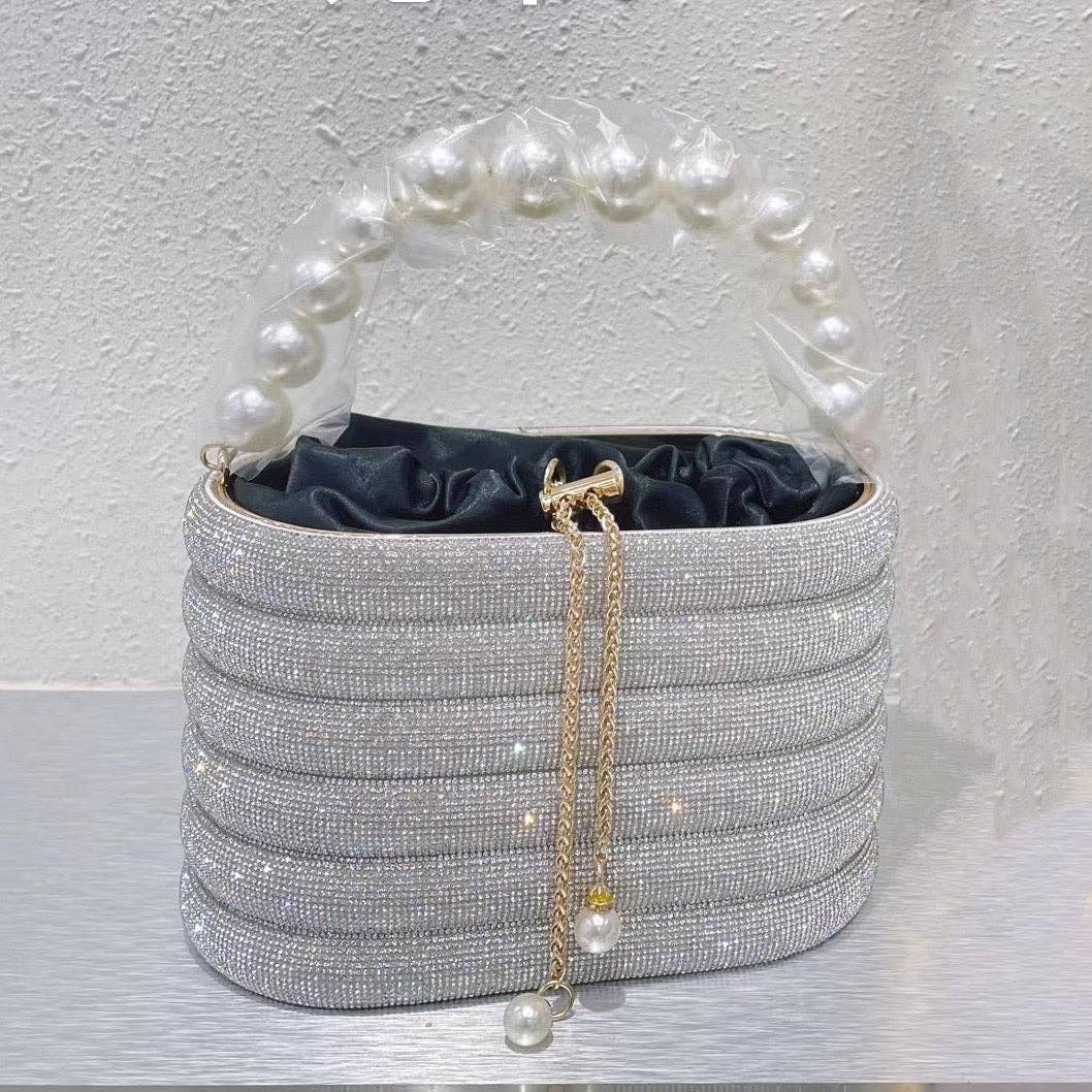 EVERY FASHION Striped Evening Bucket Bag with Pearl Handle and Drawstring Closure