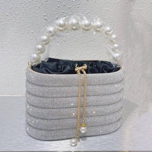 EVERY FASHION Striped Evening Bucket Bag with Pearl Handle and Drawstring Closure