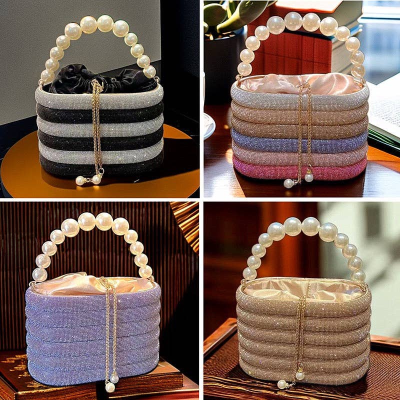 EVERY FASHION Striped Evening Bucket Bag with Pearl Handle and Drawstring Closure