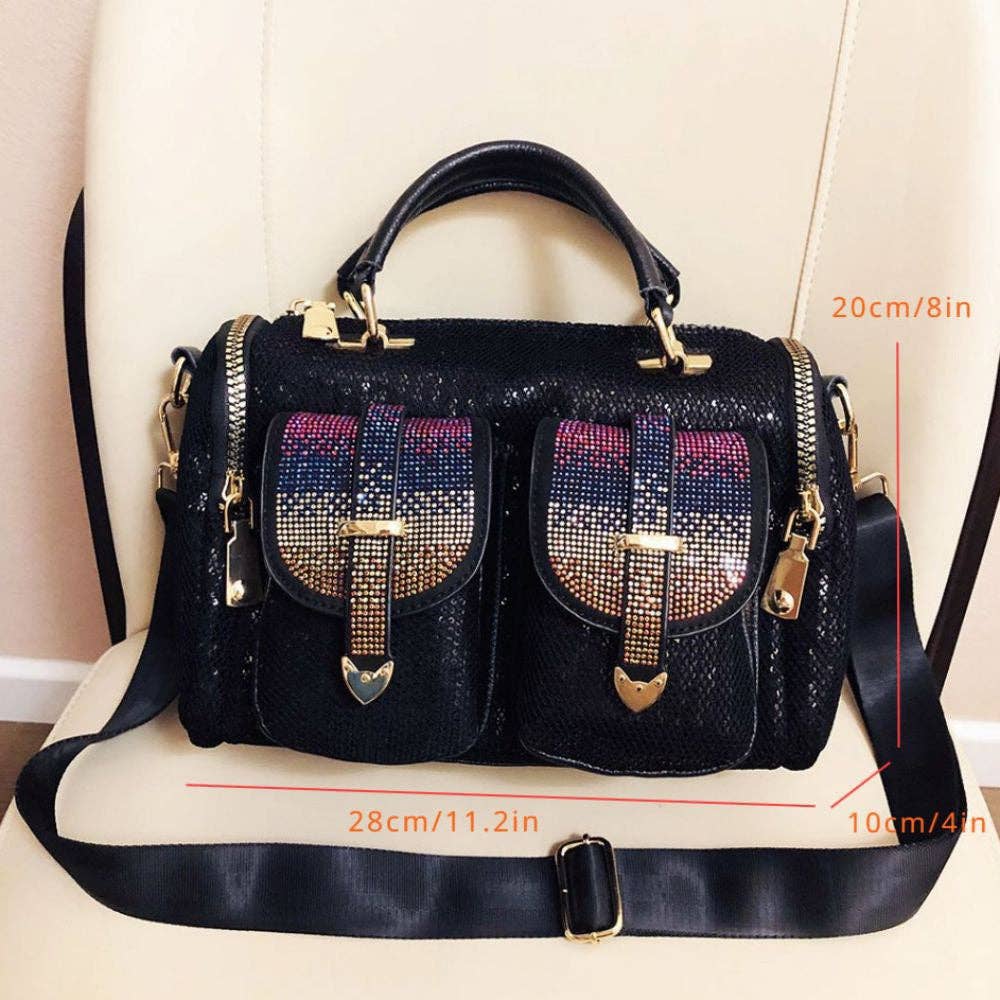 EVERY FASHION Mini Barrel Handbag with Rhinestone Buckle Pockets and Dual Top Handles