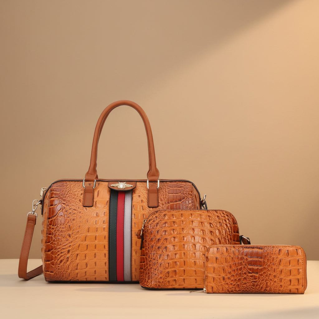 Faux Leather Croc Striped Bumblebee Handbag Wallet CYS-8369S