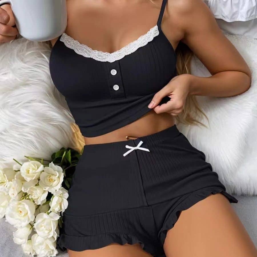 Sexy Lace Trim Camisole Pajama Set Shorts Women's Homewear