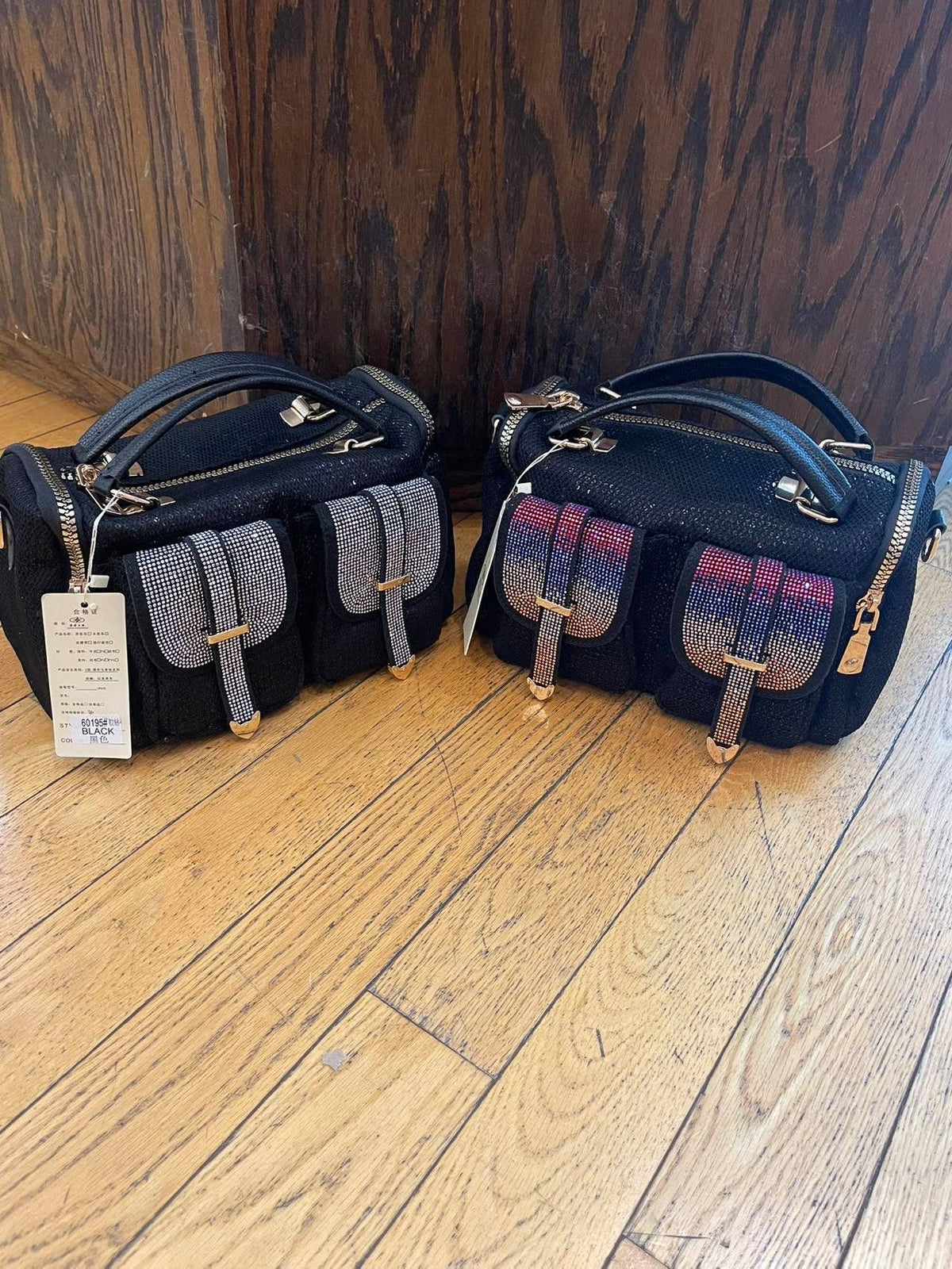 EVERY FASHION Mini Barrel Handbag with Rhinestone Buckle Pockets and Dual Top Handles