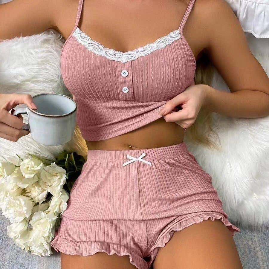 Sexy Lace Trim Camisole Pajama Set Shorts Women's Homewear