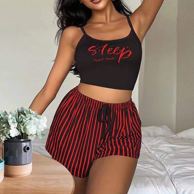 Women's Sleeveless Pajama Set With Drawstring Shorts And Letter Stripe Print