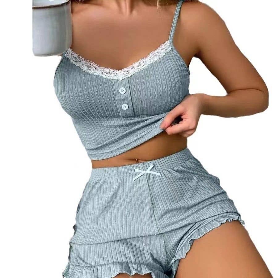 Sexy Lace Trim Camisole Pajama Set Shorts Women's Homewear