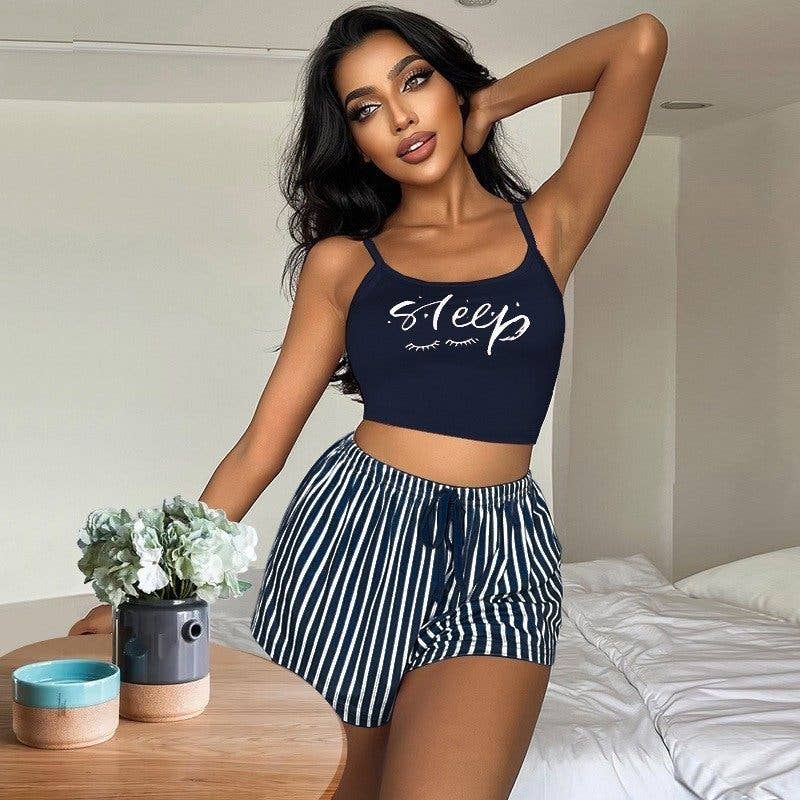 Women's Sleeveless Pajama Set With Drawstring Shorts And Letter Stripe Print