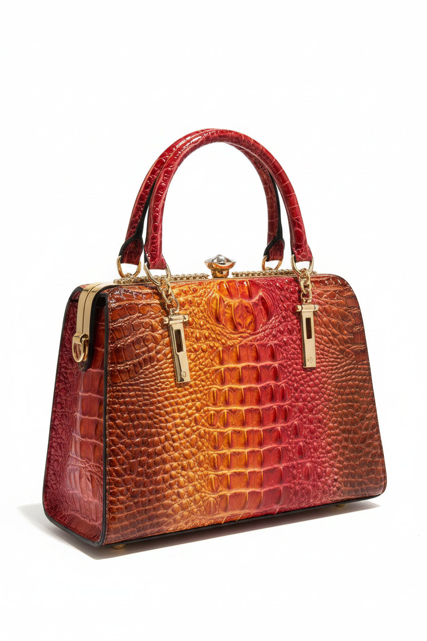 Every Fashion Croc Embossed Glossy Structured Handbag with Dual Handles