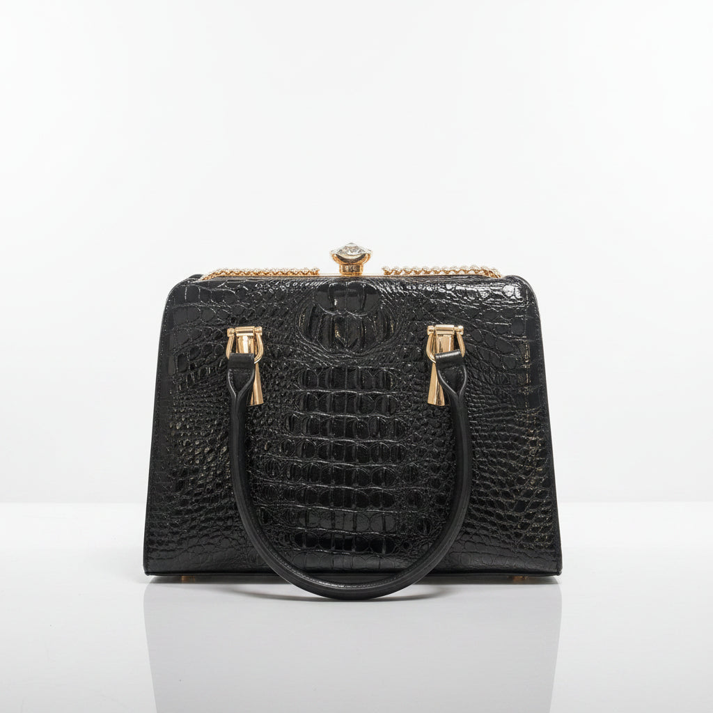 Every Fashion Croc Embossed Glossy Structured Handbag with Dual Handles