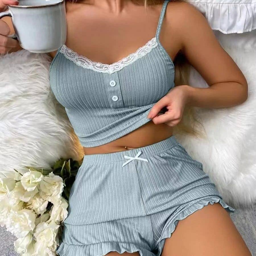 Sexy Lace Trim Camisole Pajama Set Shorts Women's Homewear
