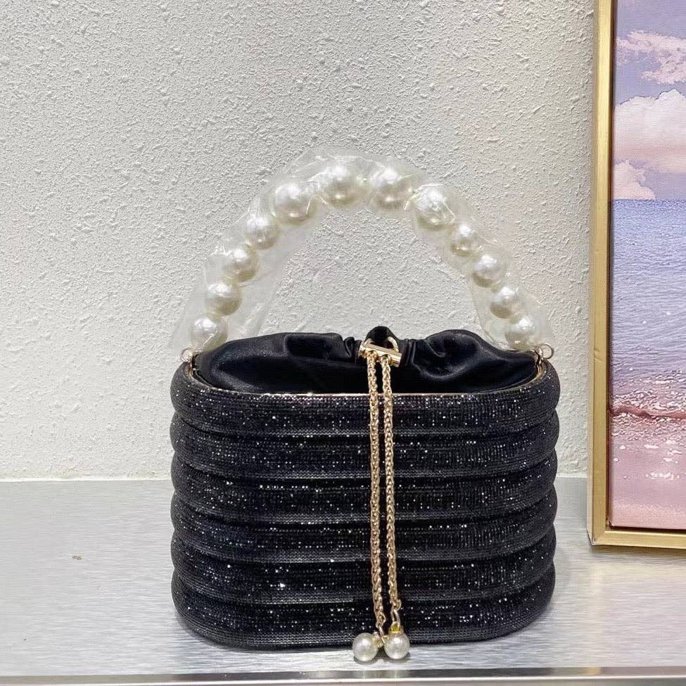 EVERY FASHION Striped Evening Bucket Bag with Pearl Handle and Drawstring Closure