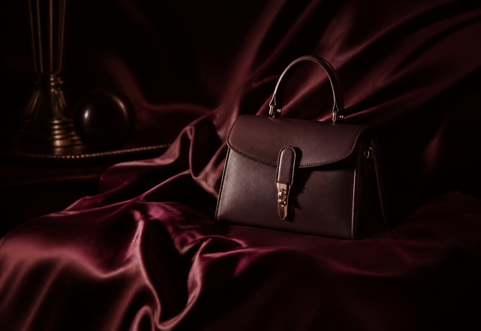 A deep wine leather handbag resting on oxblood silk