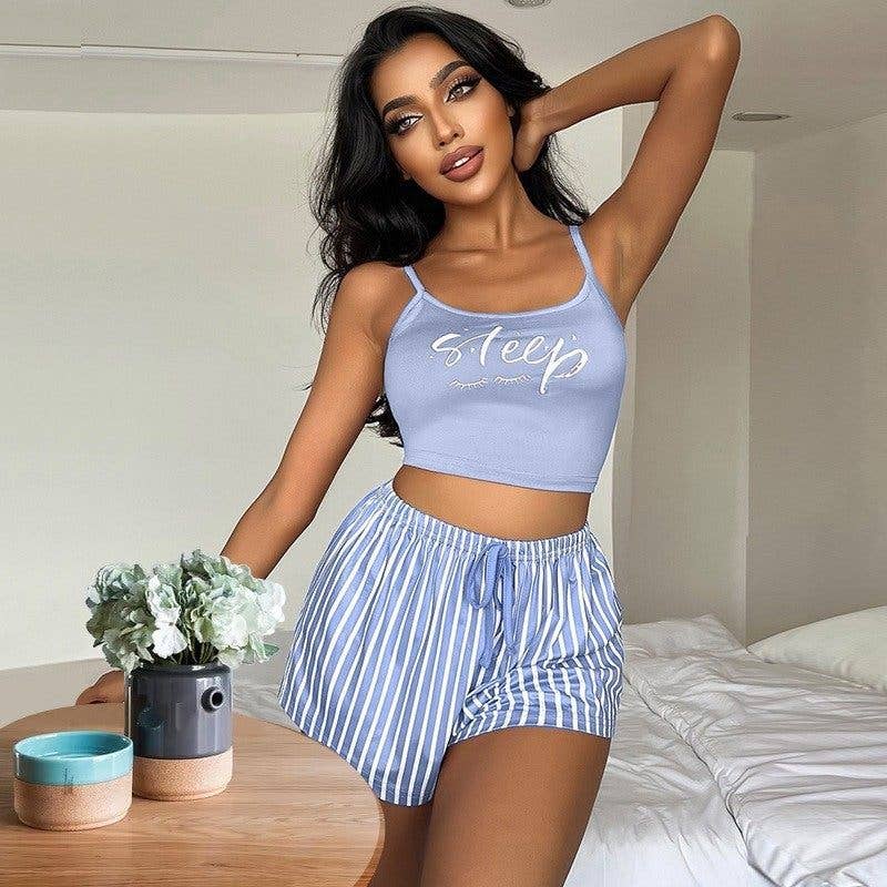 Women's Sleeveless Pajama Set With Drawstring Shorts And Letter Stripe Print