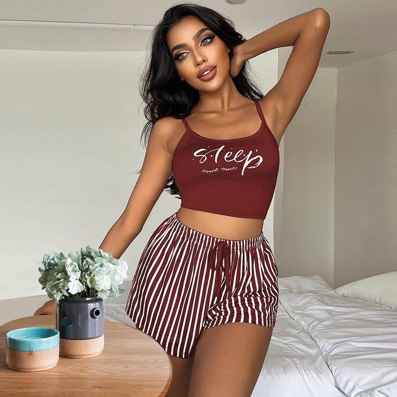 Women's Sleeveless Pajama Set With Drawstring Shorts And Letter Stripe Print
