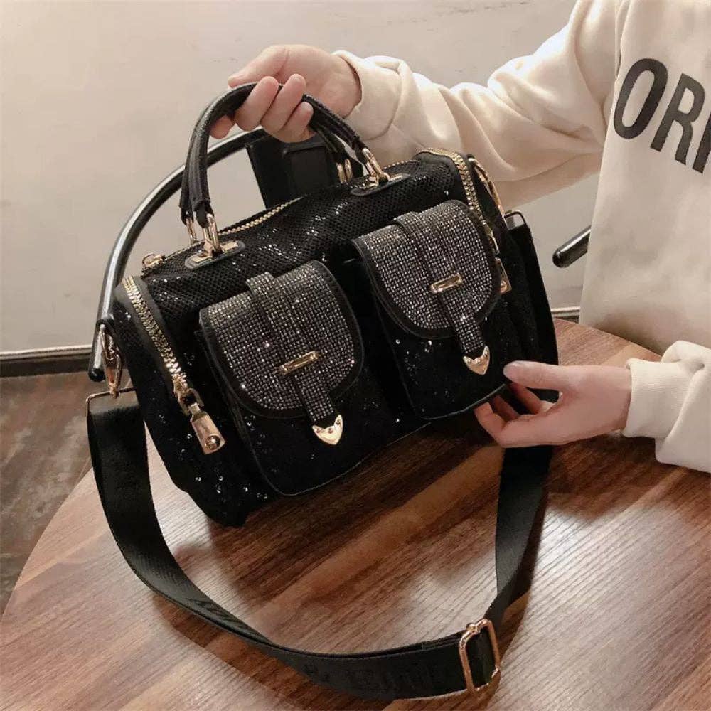 EVERY FASHION Mini Barrel Handbag with Rhinestone Buckle Pockets and Dual Top Handles