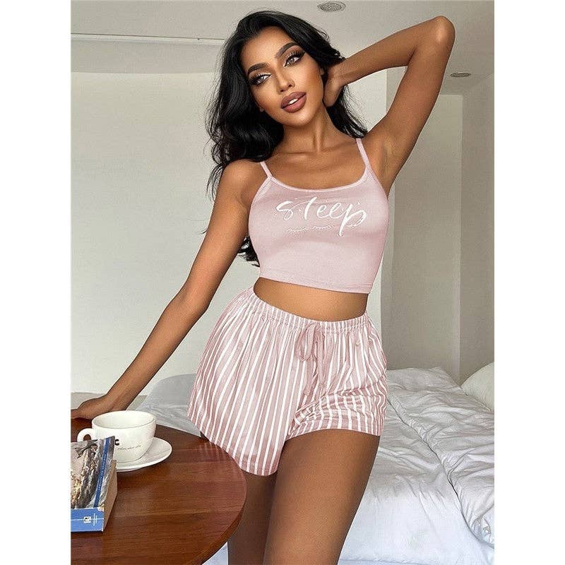 Women's Sleeveless Pajama Set With Drawstring Shorts And Letter Stripe Print