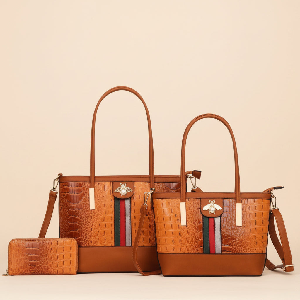  
3-in-1 Crocodile Tote Bags with Wallet Set