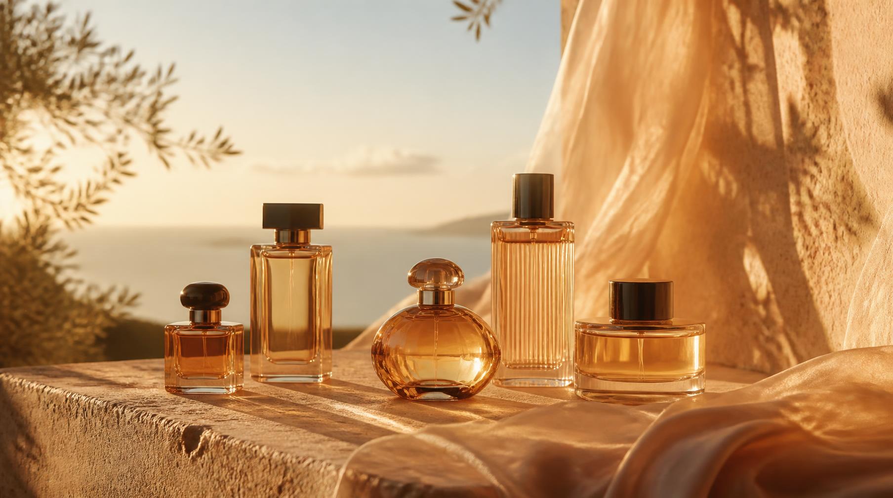 Amber fragrance bottles in warm golden light