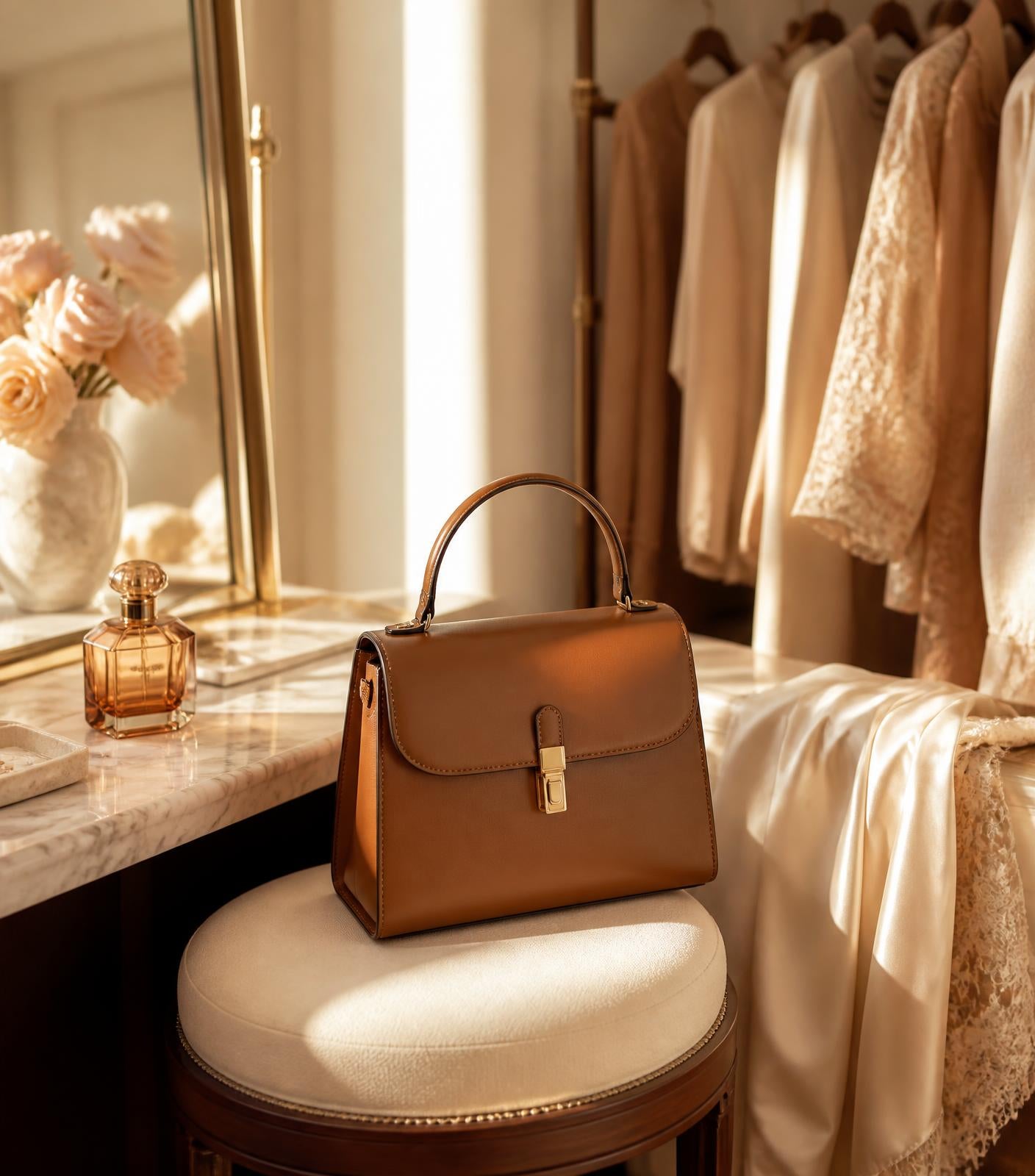 A structured tan leather top-handle bag in a light-filled dressing room